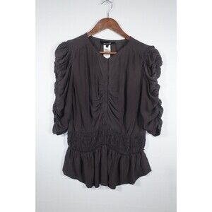 Isabel Marant Gray Silk Blouse Size 3 Ruched Sleeves Snap Front Large Charcoal